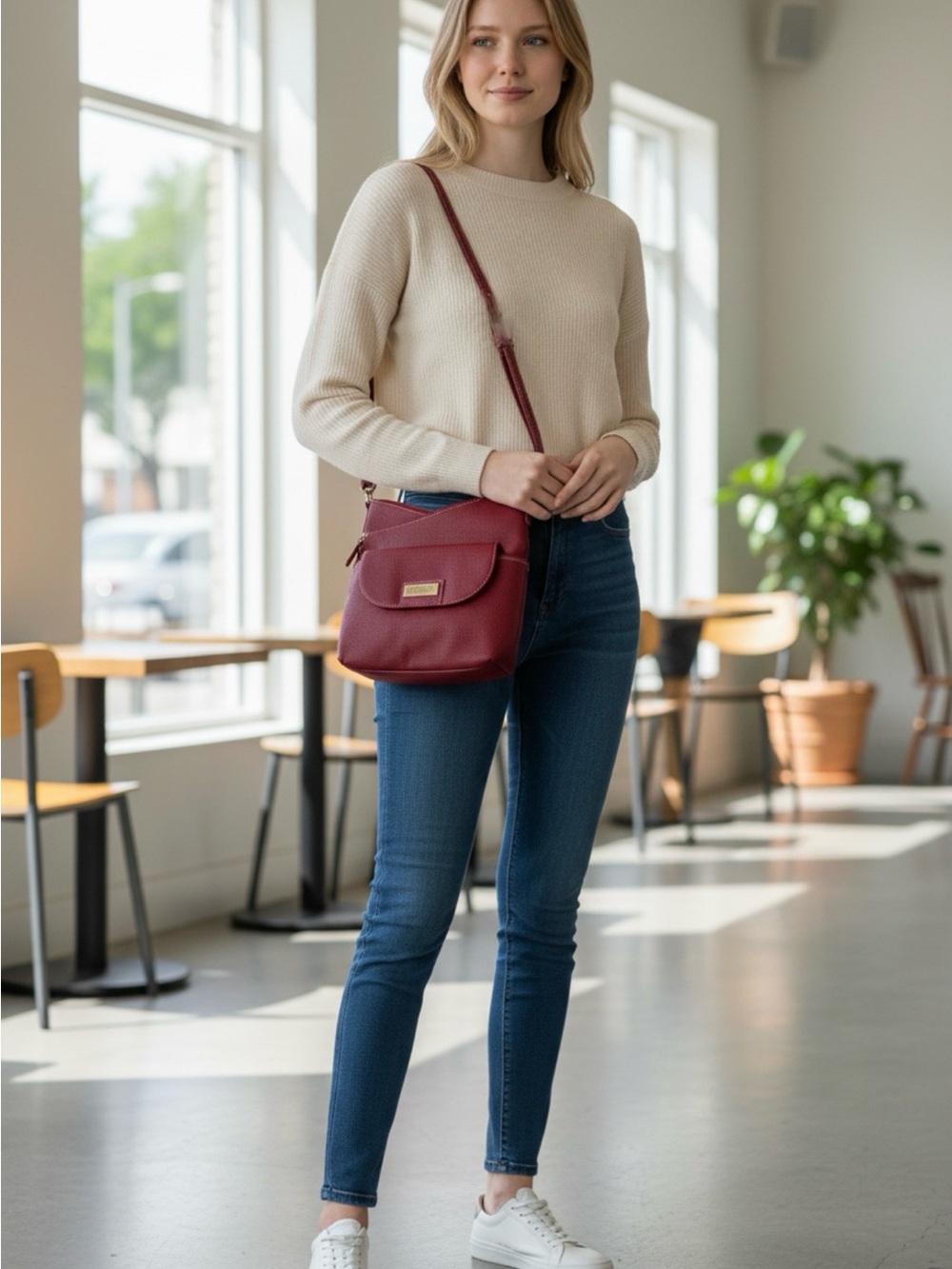 Compact Burgundy Crossbody Bag with Front Flap